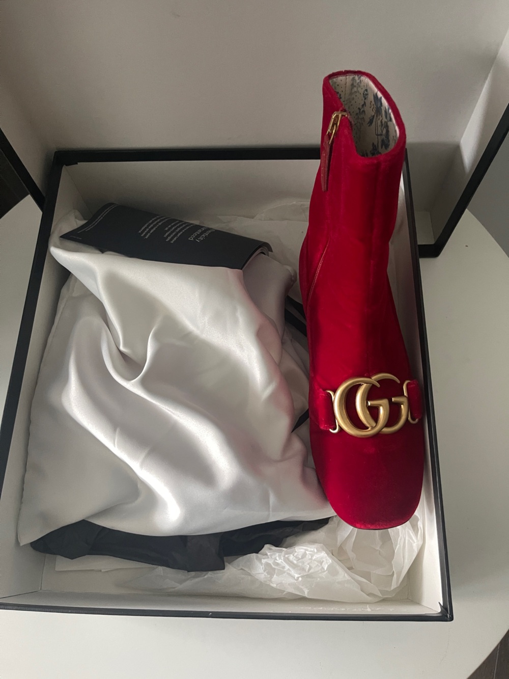 Gucci Red Velvet Ankle Boot with Gold Double-G Accent -Marmont